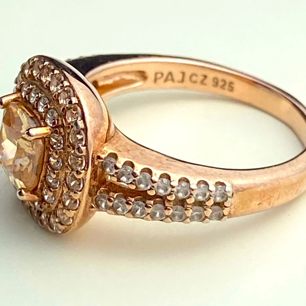 14K Rose Gold Plated Sterling Cushion Cut Champaign Cubic Zirconia Double Halo